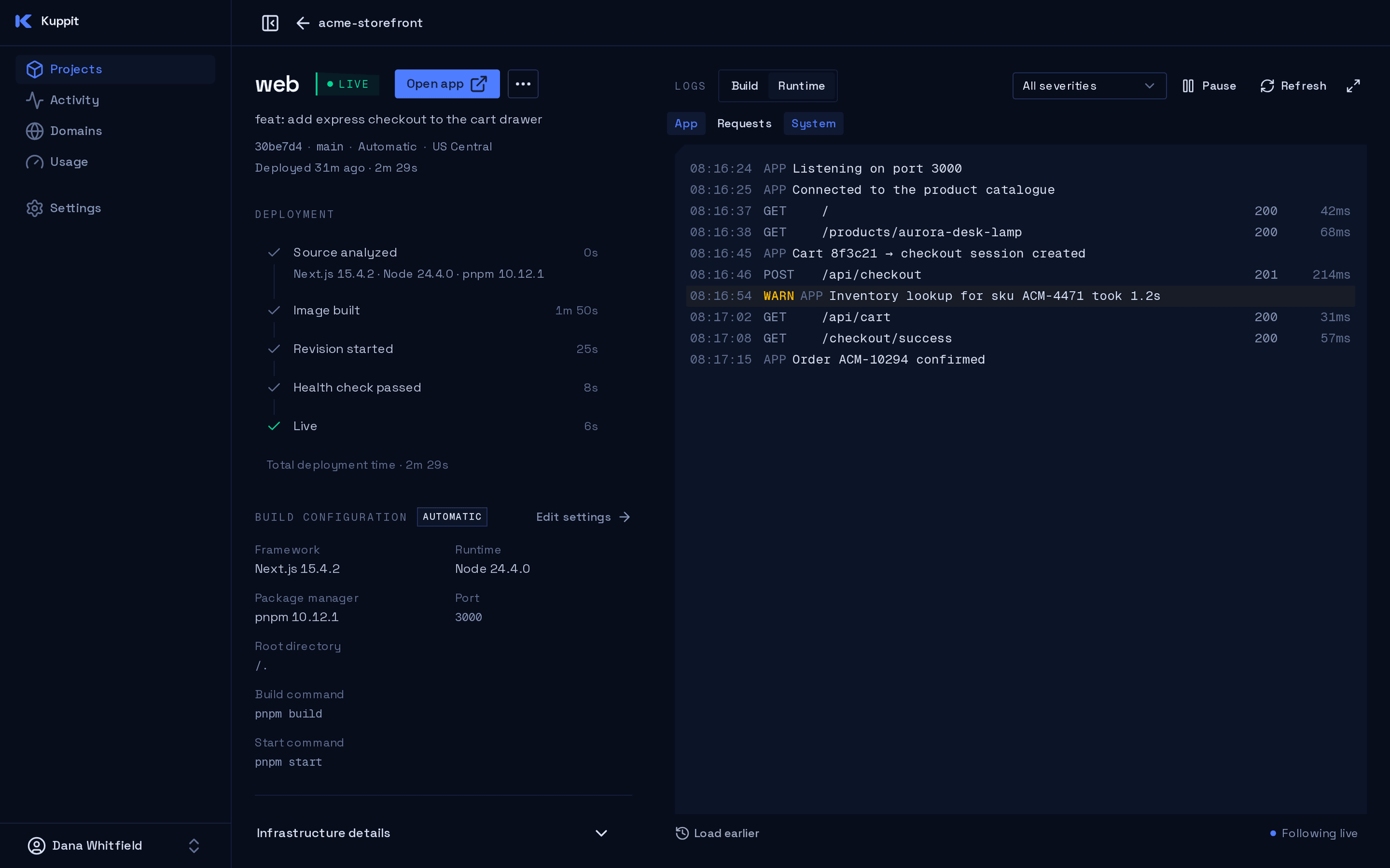 A Kuppit deployment: a five-step lifecycle showing source analysed, image built, revision started, health check passed and Live, with the running application's logs streaming beside it.