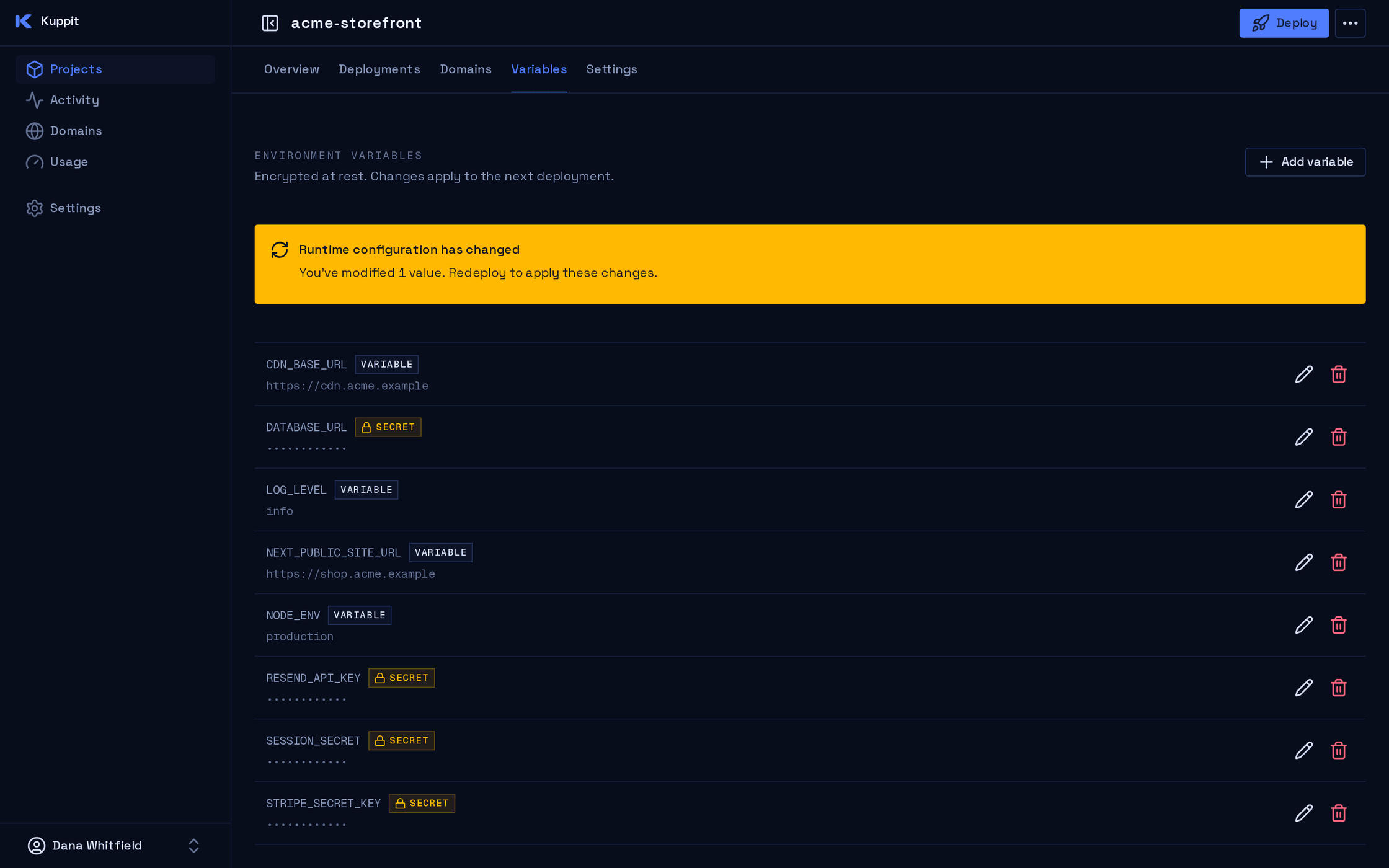 Environment variables for a service, with secret values hidden and one pending change waiting for the next deployment.